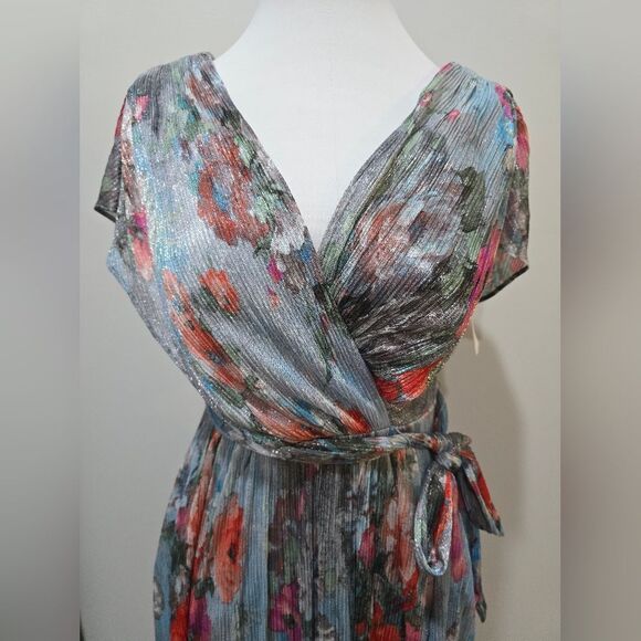 Eliza j metallic floral drape shoulder gown NWOT Size 2 Blue Multi-Color - Picture 5 of 6